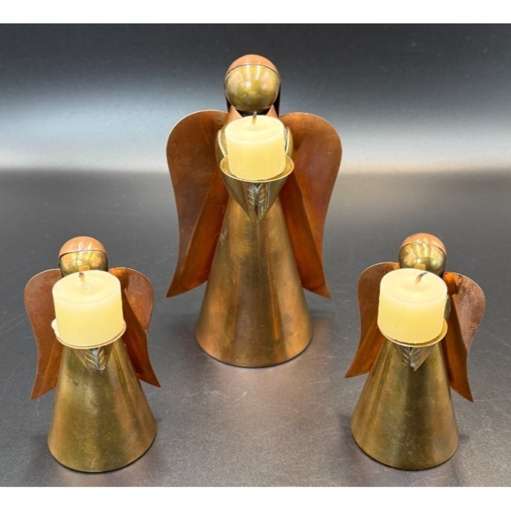 3 Vintage Copper Brass Angel Candle Holders Christmas Decor Christian